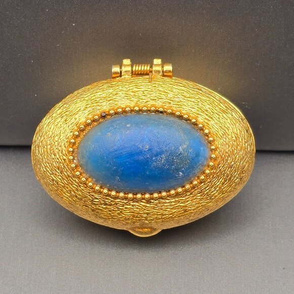 VTG Helena Rubinstein Trinket Box 1.75" Gold Tone Blue Cabochon Vanity Accent 60 - Picture 1 of 8